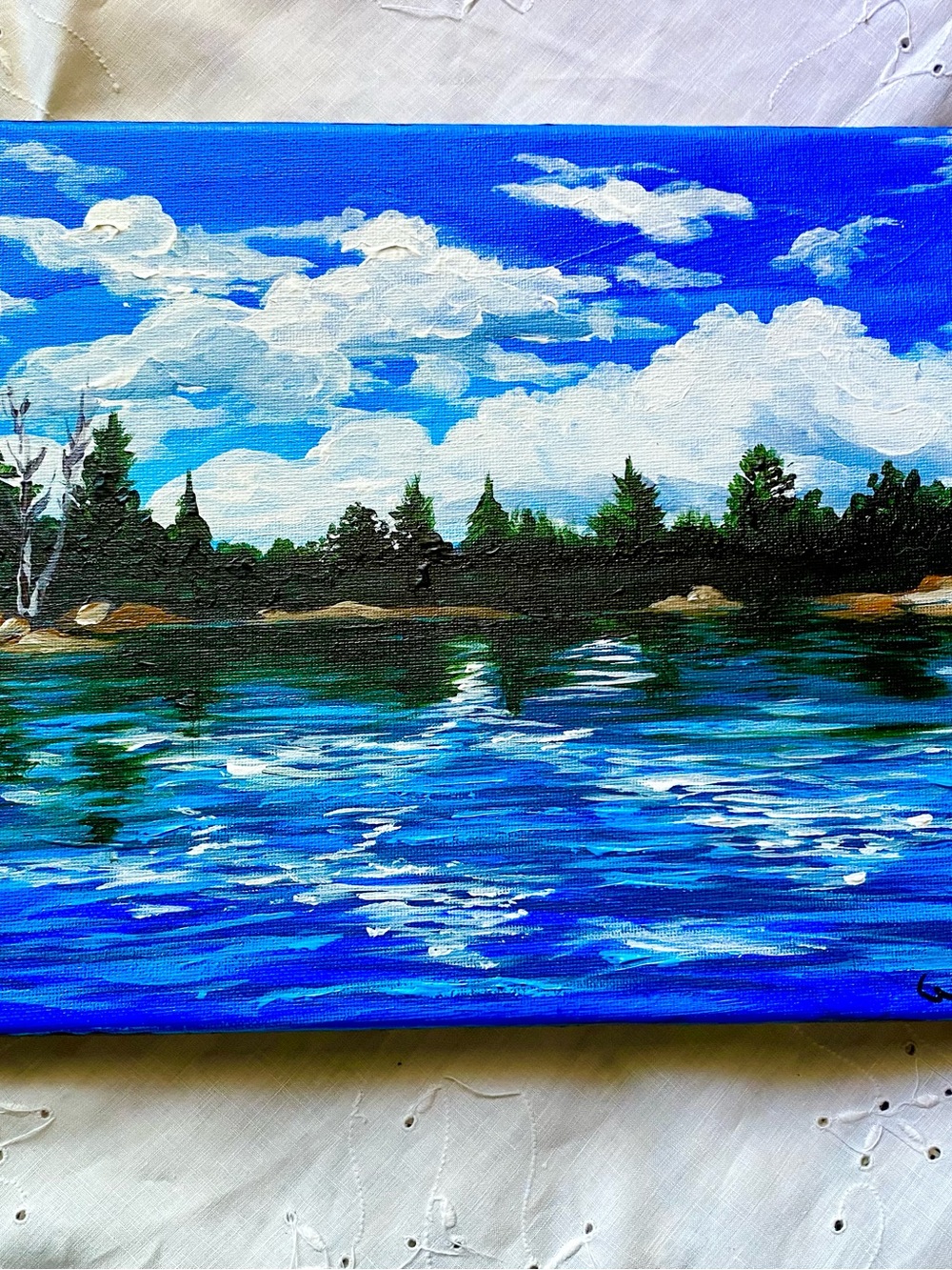 Blue Lakeside Landscape Wall Art - Hand-Painted Home Art, small painting